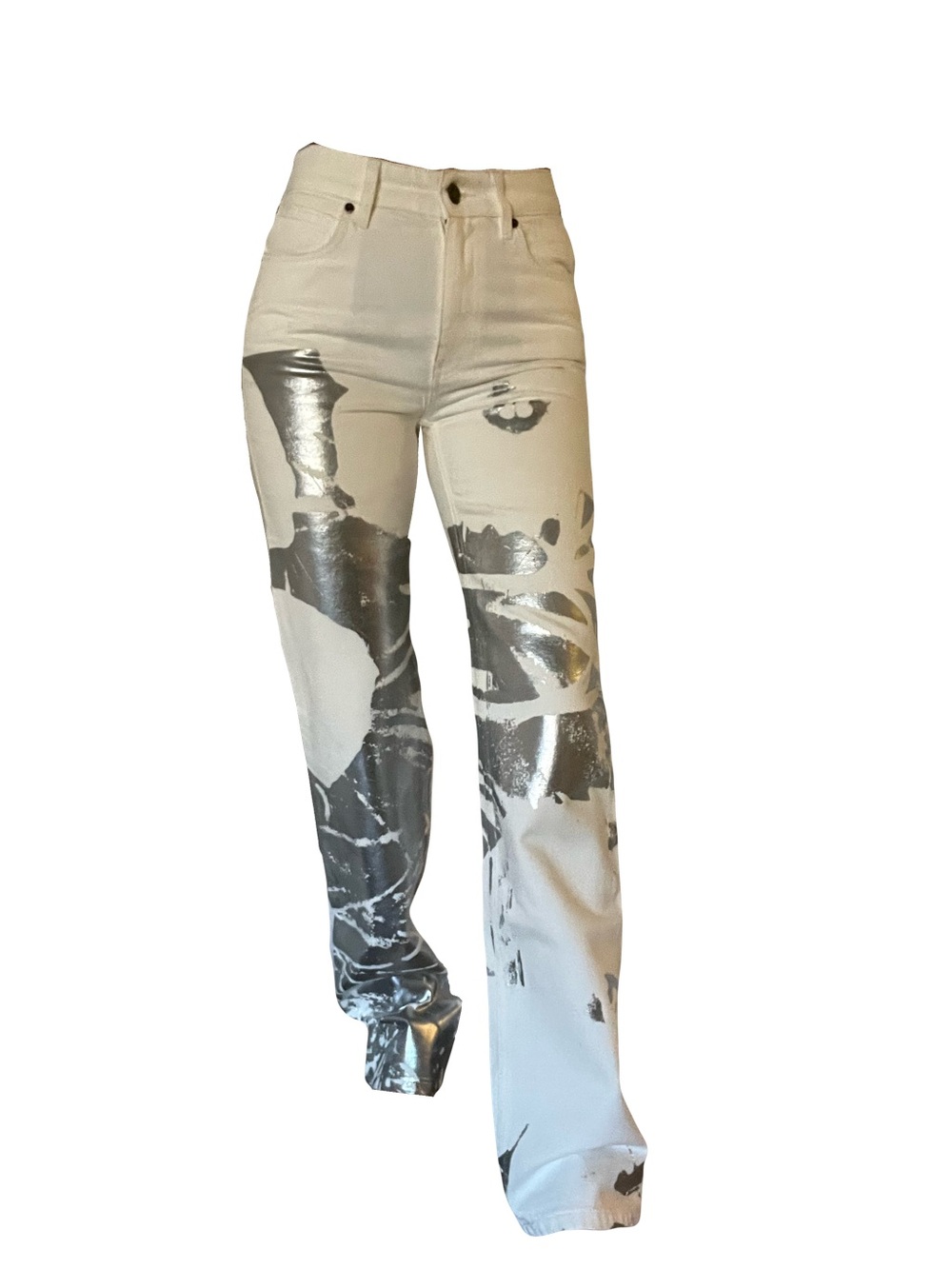 Calvin Klein x Andy Warhol White Straight-Leg Jeans with Silver Metallic Print